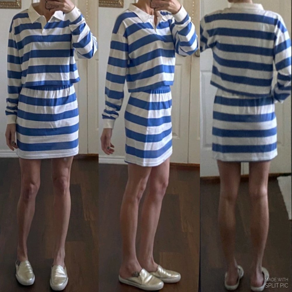 REVOLVE Poster Girl white blue striped long sleeve crop top two piece skirt set